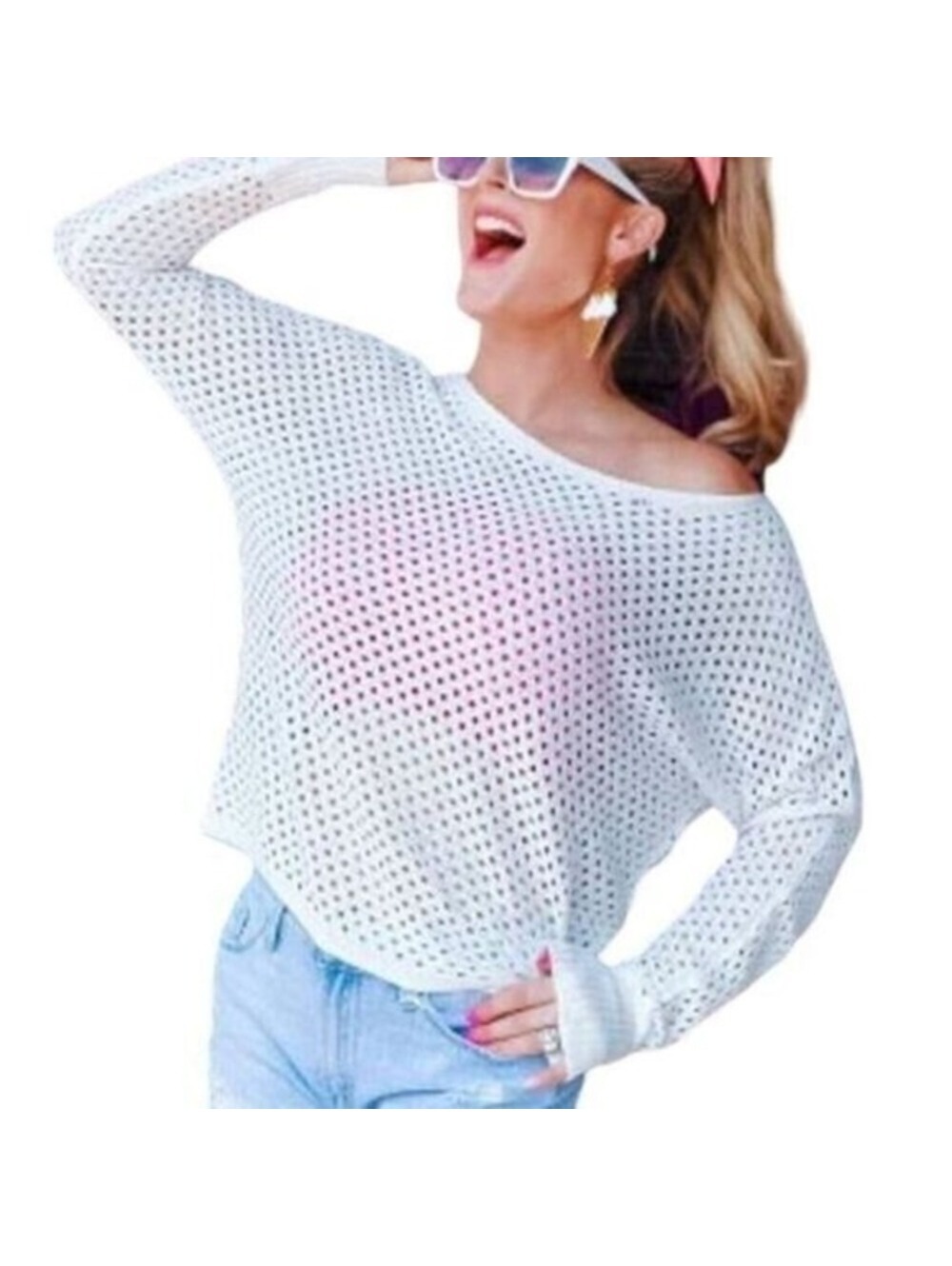 NWOT | White Eyelet Net Sweater | Women's | ee:some | Large #83